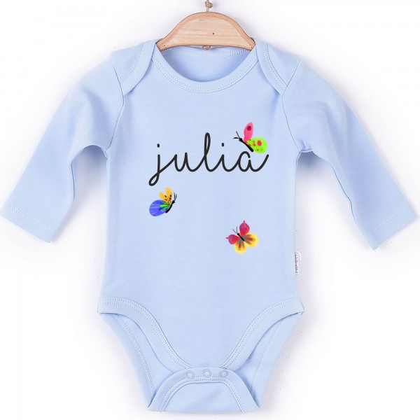 Baby Body Langarm blau Schmetterling Name