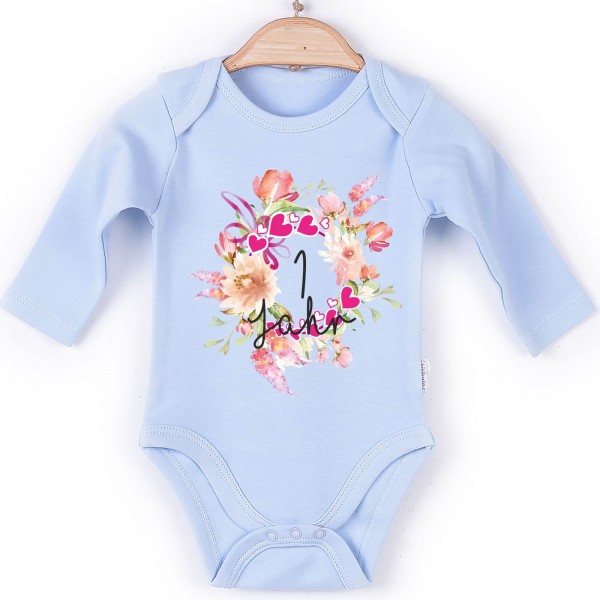 Baby Body Langarm blau Blume Jahr