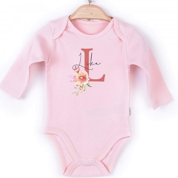 Baby Body Langarm rosa Name Blume