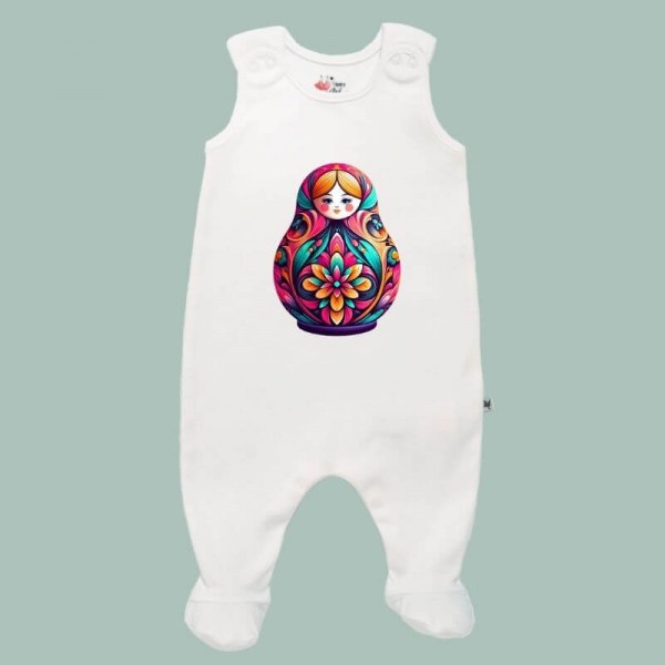 Matryoshka Strampler weiß mit Füße klassisch