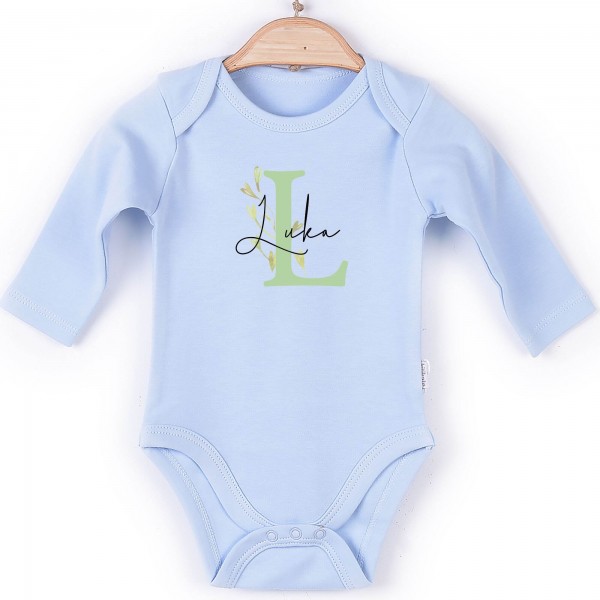 Baby Body Langarm blau Name Blumenranke