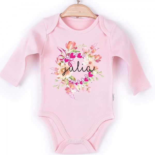 Baby Body Langarm rosa Blume Name