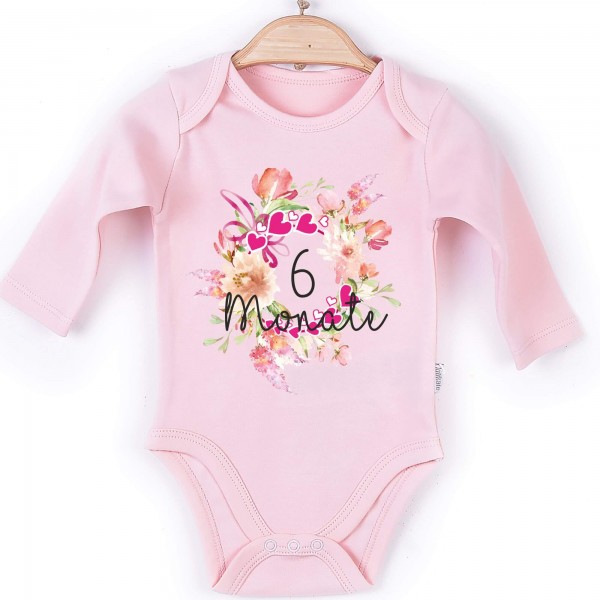 Baby Body Langarm rosa Blume Monate