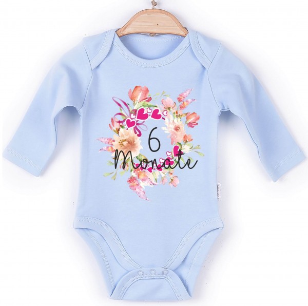 Baby Body Langarm blau Blume Monate