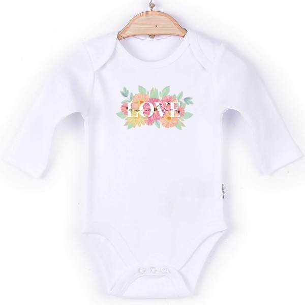 Baby Body Langarm weiß Love Blumen Name