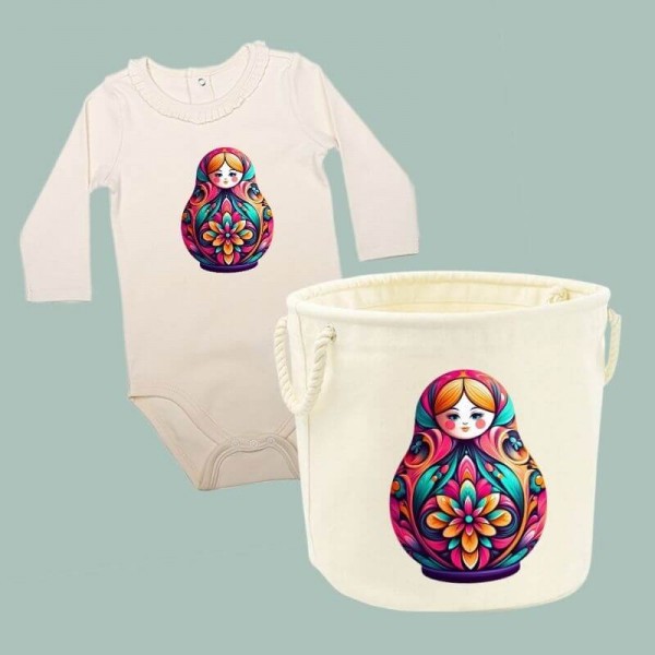 Matryoshka Geschenkeset 2er-Set mit Korb und langarm klassich