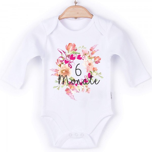 Baby Body Langarm weiß Blume Monate