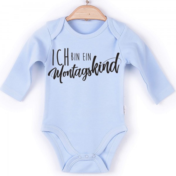 Baby Body Langarm blau Spruch Wochentagskind