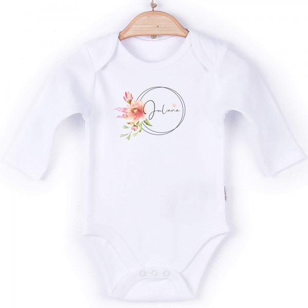 Baby Body Langarm weiß Name Blume Kreis