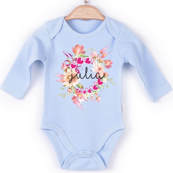 Baby Body Langarm blau Blume Name