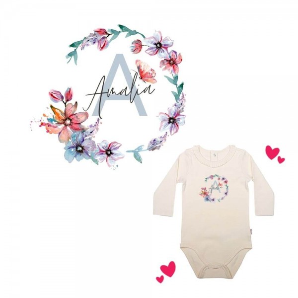 Baby Body langarm elegant bunte Blumen Name