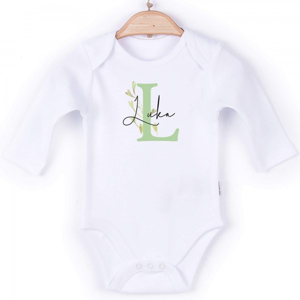 Baby Body Langarm weiß Name Blumenranke