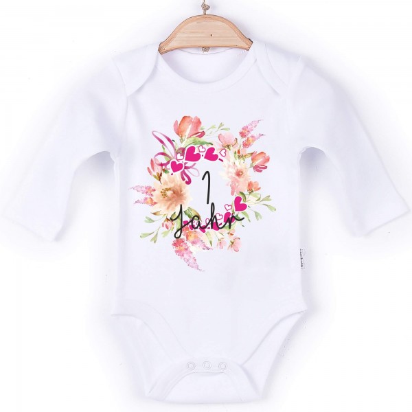 Baby Body Langarm weiß Blume Jahr