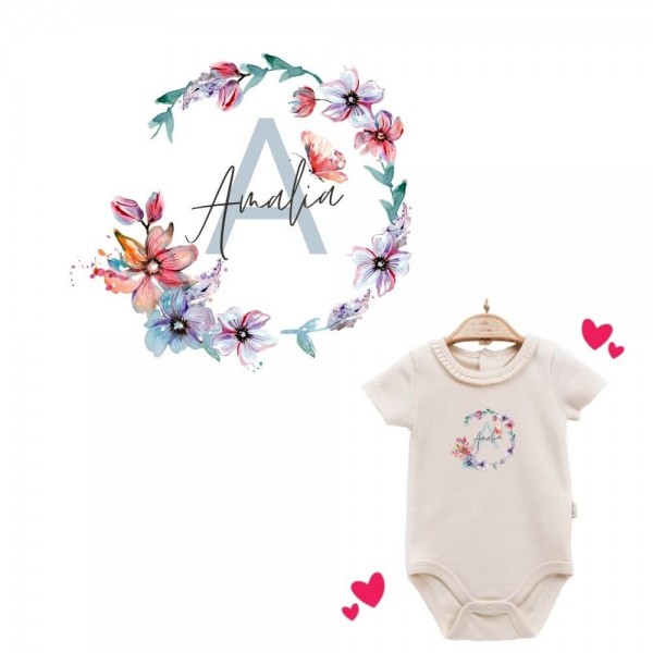 Baby Body kurzarm elegant bunte Blumen Name